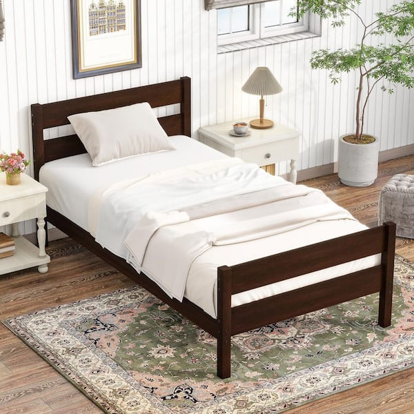 Espresso Brown Wood Frame Twin Size Platform Bed with Headboard and Footboard