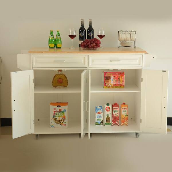 Tatahance Mobile White Kitchen Island with Rubber Wood Top Tatahance Mobile White Kitchen Island with Rubber Wood Top