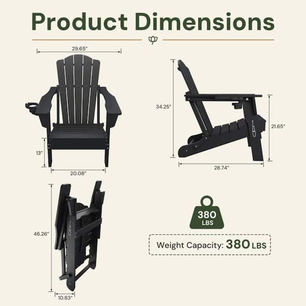 Thoeoe Black HDPE Outdoor Folding Adirondack Chair with Cup Holder