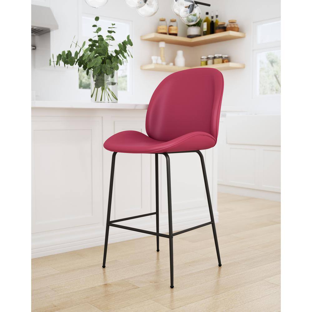 Contemporary Red Velvet & Steel Counter Stool