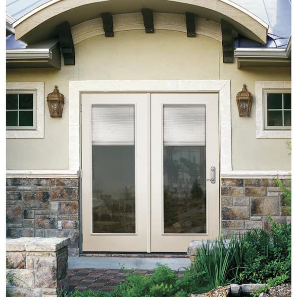 75 in. x 81.75 in. Fiberglass Prehung Right Hand Internal Blinds Clear Glass Full Lite Hinged Patio Door w/ Screen