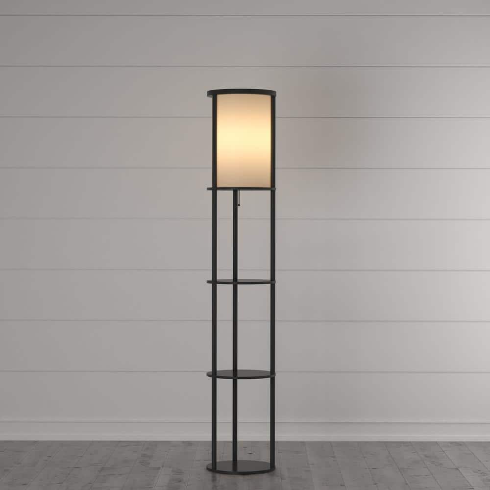 Black Wood Floor Lamp with Circular Storage Shelves