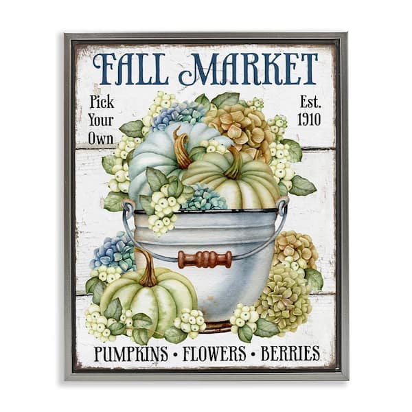 Stupell Industries Vintage Pumpkins and Hydgrangea by Creatif Belle Gray Floater Frame Graphic Typography Art Print 21 in. x 17 in.