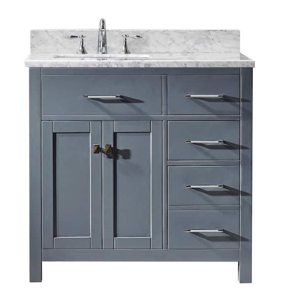 Virtu USA Caroline Parkway 36 in. W Bath Vanity in Gray with Marble Vanity Top in White with Square Basin