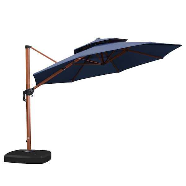 PURPLE LEAF 11 ft. Sunbrella Aluminum Octagon 360° Rotation Wood Pattern Cantilever Outdoor Umbrella With Wheels Base, Navy Blue