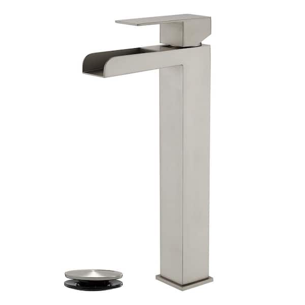 FLG Single Handle Vessel Sink Faucet with Pop-Up Drain Waterfall Stainless Steel Bathroom High Tall Taps in Brushed Nickel