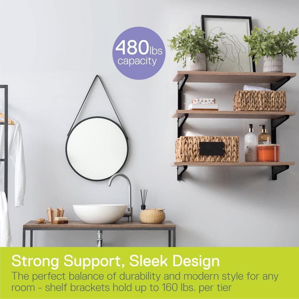 Adjustable Black Steel 3-Tier Floating Wall Shelf Brackets