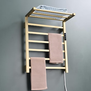 6-Towel Electric Heated Holders Stainless Steel Wall Mounted Towel Warmer with Timer for Bathroom in Brushed gold