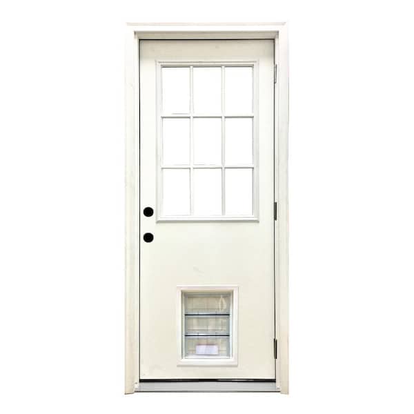 Steves & Sons 32 in. x 80 in. Reliant Series Clear 9 Lite LHOS White Primed Fiberglass Prehung Front Door with Large Pet Door