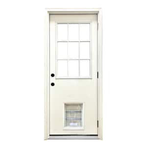36 in. x 80 in. Reliant Series Clear 9 Lite LHOS White Primed Fiberglass Prehung Back Door with Large Pet Door