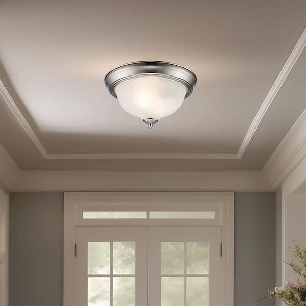 PRIVATE BRAND UNBRANDED 11.25 in. 2-Light Brushed Nickel Flush Mount Ceiling Light Fixture with Frosted Swirl Glass Shade