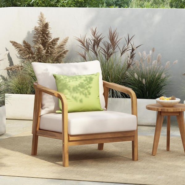CHRISTOPHER KNIGHT HOME Tennyson Patio Solid Wood Outdoor Lounge Chair with Beige Cushions, Woven Backrest, Teak