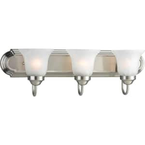 3-Light Brushed Nickel Fluorescent Bathroom Vanity Light with Glass Shades