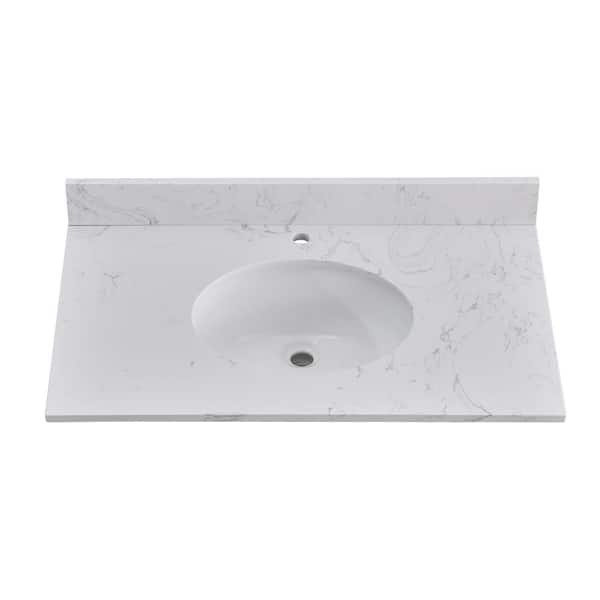36 in. W x 21 in. D Engineered Stone Composite White Round Single Sink Vanity Top in Carrara White