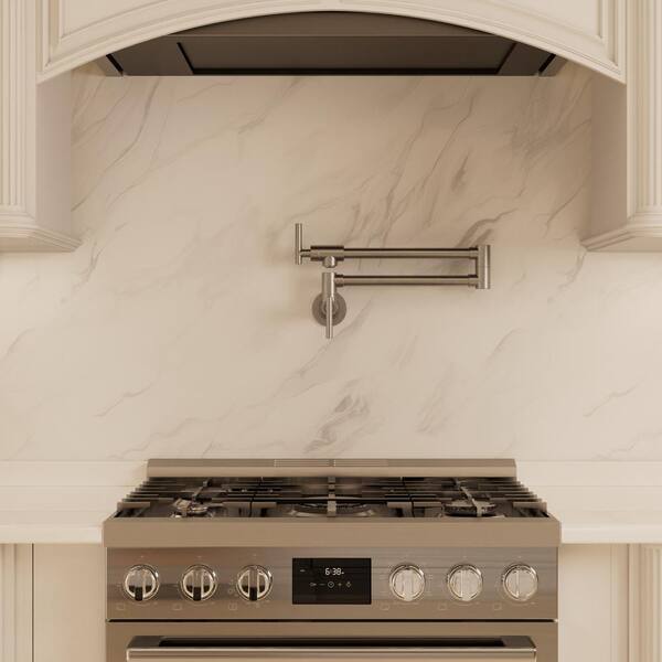 YAWWALK Wall Mounted Pot Filler with Double Handles in Brushed Nickel (Valve Included)