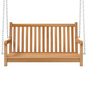Brown 2-Person Teak Wood Patio Front Porch Swing Bench Chair with Steel Chains
