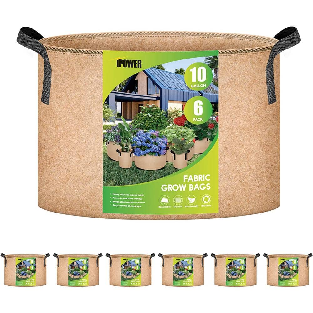 iPower Plant Grow Bag 10 Gallon 6-Pack Heavy Duty Fabric Pots, 300g Thick Nonwoven Fabric Containers Aeration with Nylon Handles, Tan
