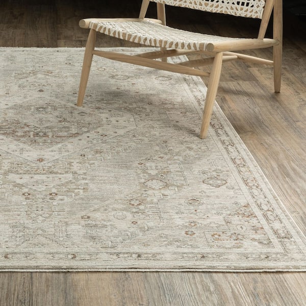 Ansley Beige/Ivory 5 ft. x 8 ft. Medallion Oriental Distressed Polyester Fringe-Edge Indoor Area Rug