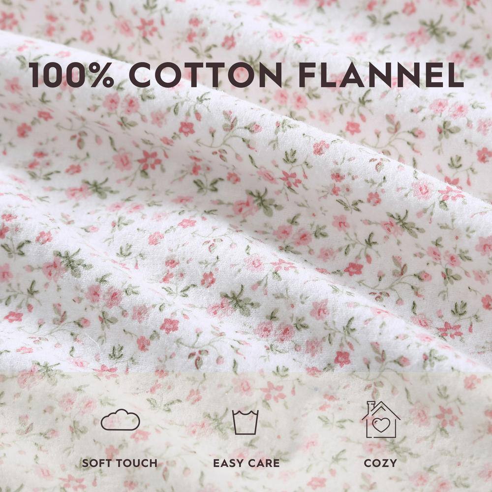 Evie Soft Pink Cotton Flannel King Sheet Set with Floral Pattern