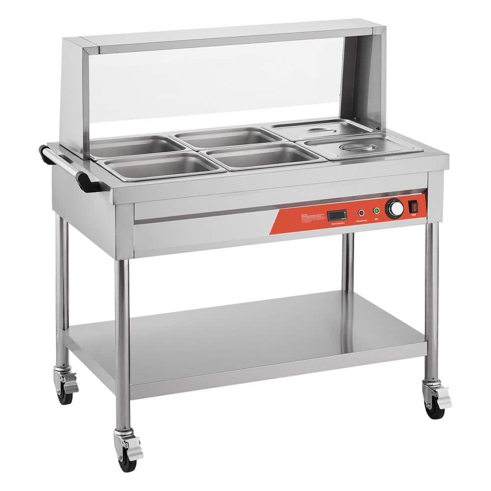 6-Pan Commercial Food Warmer 1500W Electric Steam Table 6x1/2 Pan Stainless Steel Buffet w/Sneeze Guard & Wheels