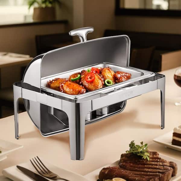 Roll Top Chafing Dish Buffet Complete Set, 9 qt. Stainless Steel Chafer, Rectangle Catering Warmer Server, Silver