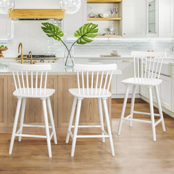 Windsor 24 in. White Solid Wooden Bar Stool for Kitchen Island Counter Height Stool with Spindle Back Set of 3