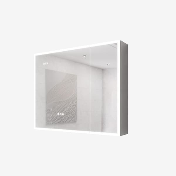 36 in. W x 30 in. H Rectangular Aluminum Surface Mount Medicine Cabinet with Mirror and Light, 2-Outlets and USB Ports