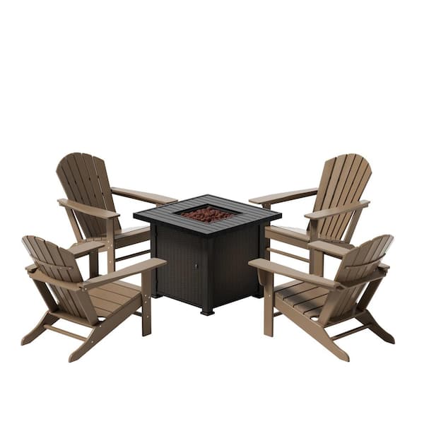WESTIN OUTDOOR Mason 5-Piece Outdoor Patio HDPE Poly Plastic Classic Adirondack Chair Conversation Set w/Square Fire Pit,Weathered Wood