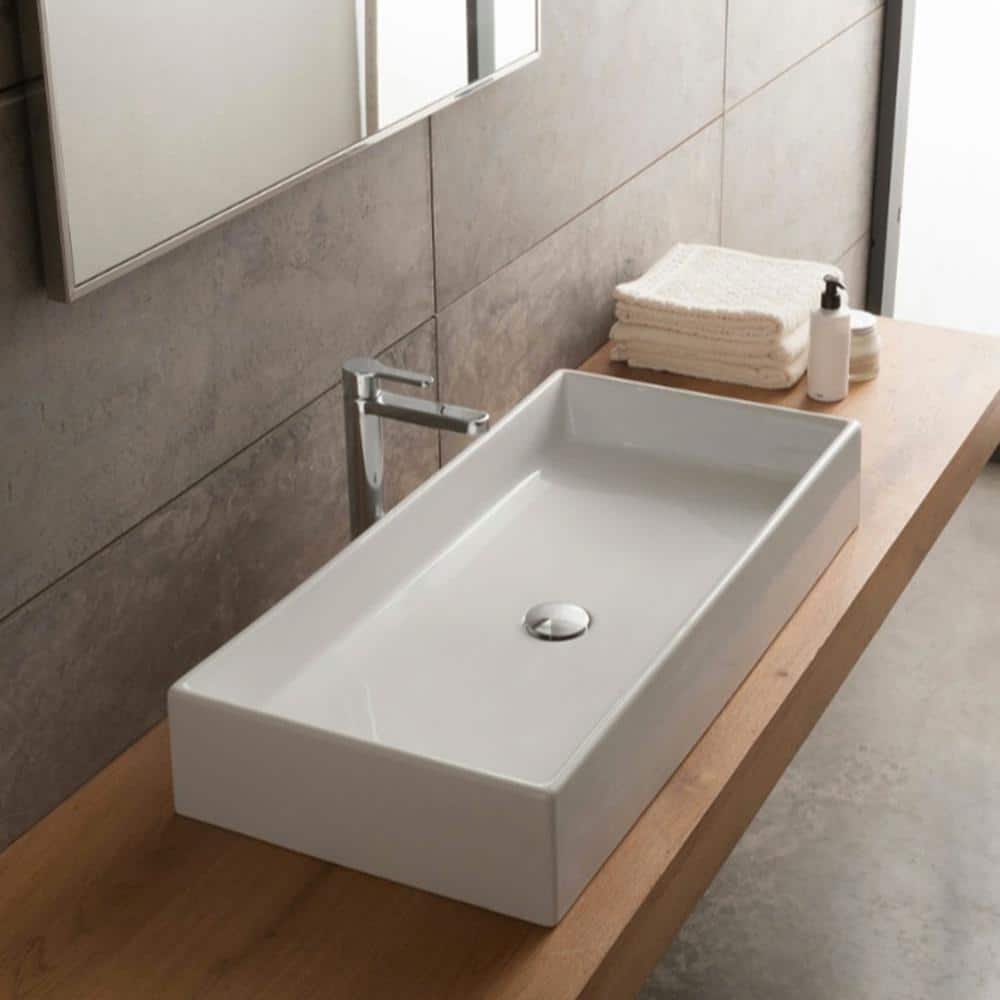 Teorema White Rectangular Ceramic Vessel Sink, 31.69 Inches