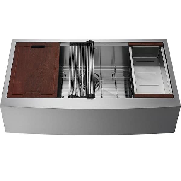 16-Gauge Brushed Chrome Stainless Steel 36 in. x 22 in. Farmhouse Bar Sink with Ledge and Accessories