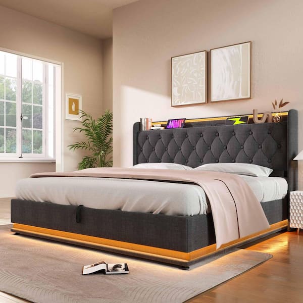 Polibi Gray Wood Frame King Size Linen Upholstered Platform Bed with 360 Surround LED Function and USB Type-C charging