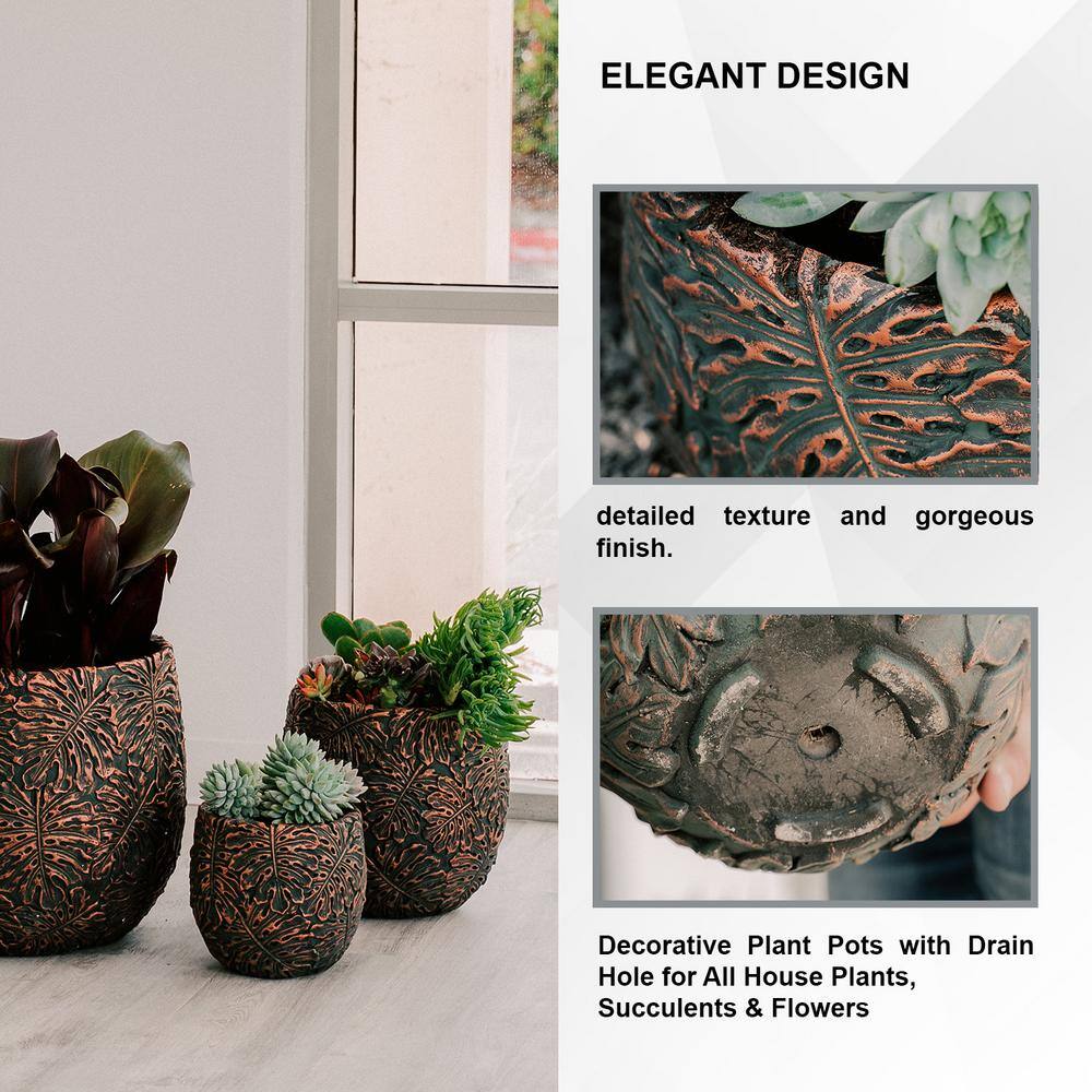 Set of 3 Round Brown and Bronze Fiberstone Outdoor Planters