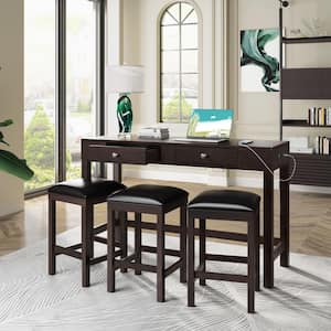 4-Piece Dark Coffee Mulitpurpose Rustic Counter Height Table Set Bar Dining Table Set with 2-Drawers