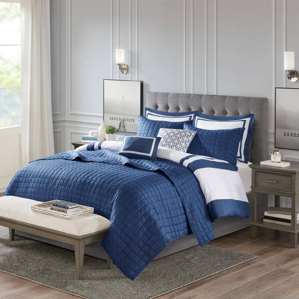 Navy and White King Microfiber Reversible 8-Piece Bedding Set