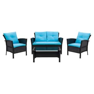 Cascade Black 4-Piece Resin Wicker Patio Conversation Set with Turquoise Cushions