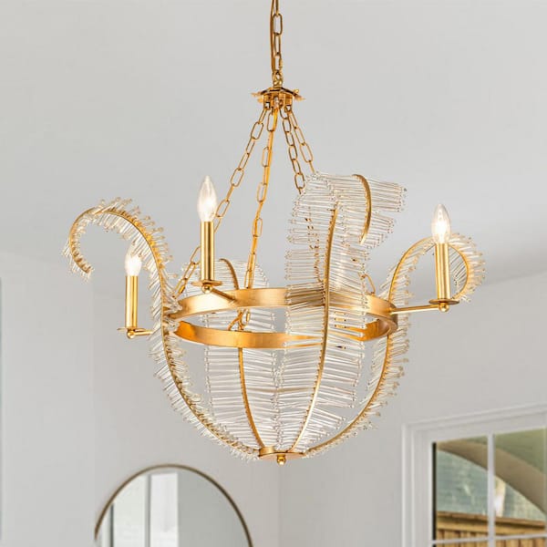 4 Light Gold French Empire Crystal Chandelier Modern Luxury Decorative Leaf Pendant Lighting Fixture for Kitchen Island