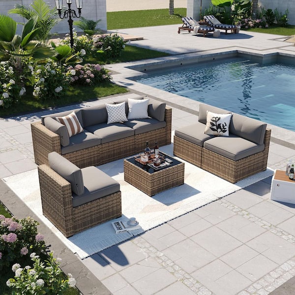 Sizzim Yellow 7-Piece Wicker Rattan Outdoor Sectional Set with Blue Cushions, Coffee Table and Set Cover