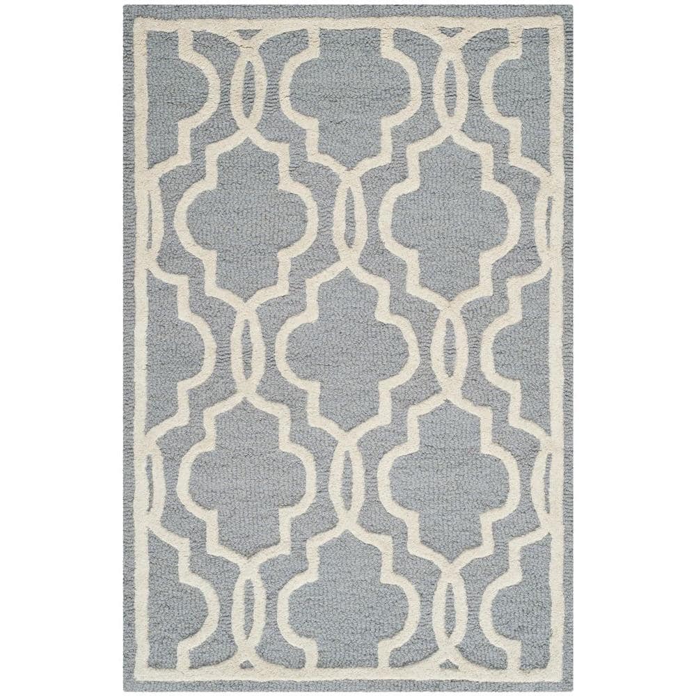 Silver and Ivory Geometric Wool 3' x 5' Area Rug
