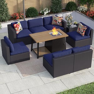 Dark Brown Rattan Wicker 7 Seat 9-Piece Steel Outdoor Fire Pit Patio Set with Blue Cushions, Rectangular Fire Pit Table
