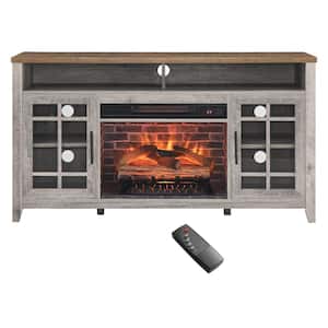 55 in. W x 15.5 in. D x 30.5 in. H Gray Linen Cabinet with TV Stand and Electric Fireplace KD Inserts Heater