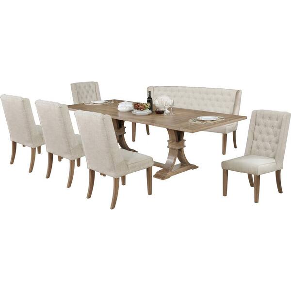 Best Quality Furniture Maribel 7-Piece Rectangular Wood Dining Table Set Beige Linen Fabric Chairs and Bench