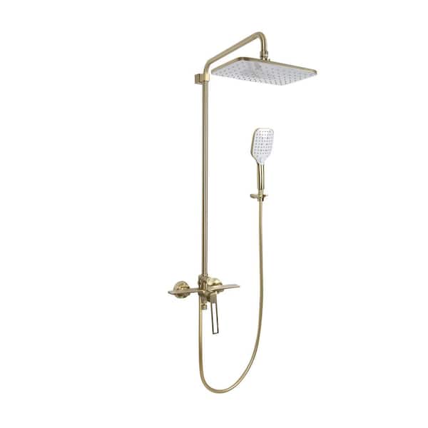 FLG Single Handle 3-Spray Tub and Shower Faucet 1.8 GPM Wall Mount Exposed Pipe Shower System in Brushed Gold Valve Included