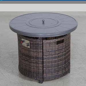 32 in. 55000 BTU Round Aluminum Wicker Outdoor Propane Gas Fire Pit Table with Lid, Espresso