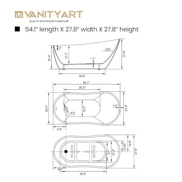 Vanity Art 59 in. Acrylic Flatbottom Freestanding Bathtub in White/Integrated Overflow