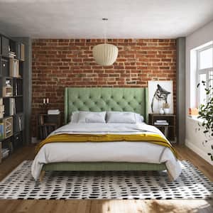 Her Majesty Green Linen Queen Upholstered Bed