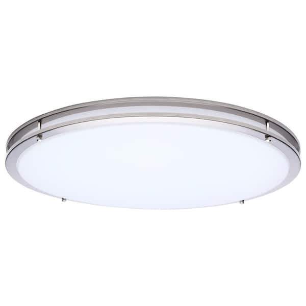 Glamour 24 in. 250-Watt Equivalent 1-Light Brushed Nickel Transitional Selectable LED Flush Mount, White Acrylic Lens