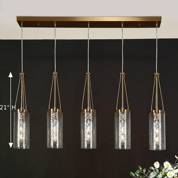 LNC Modern Brass Island Linear Chandelier 5-Light Drum Cylinder High Ceiling Light with Hammered Glass Shades for Kitchen