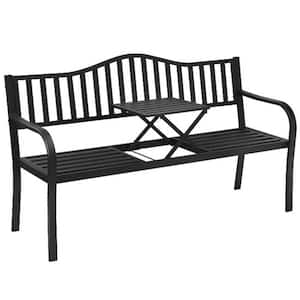 59.5 in. Black Metal Outdoor Bench with Adjustable Center Table