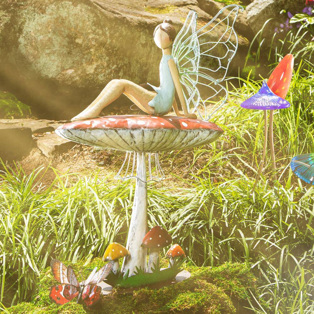 Whimsical Metal and Acrylic Fairy on Mushroom Garden Statuary