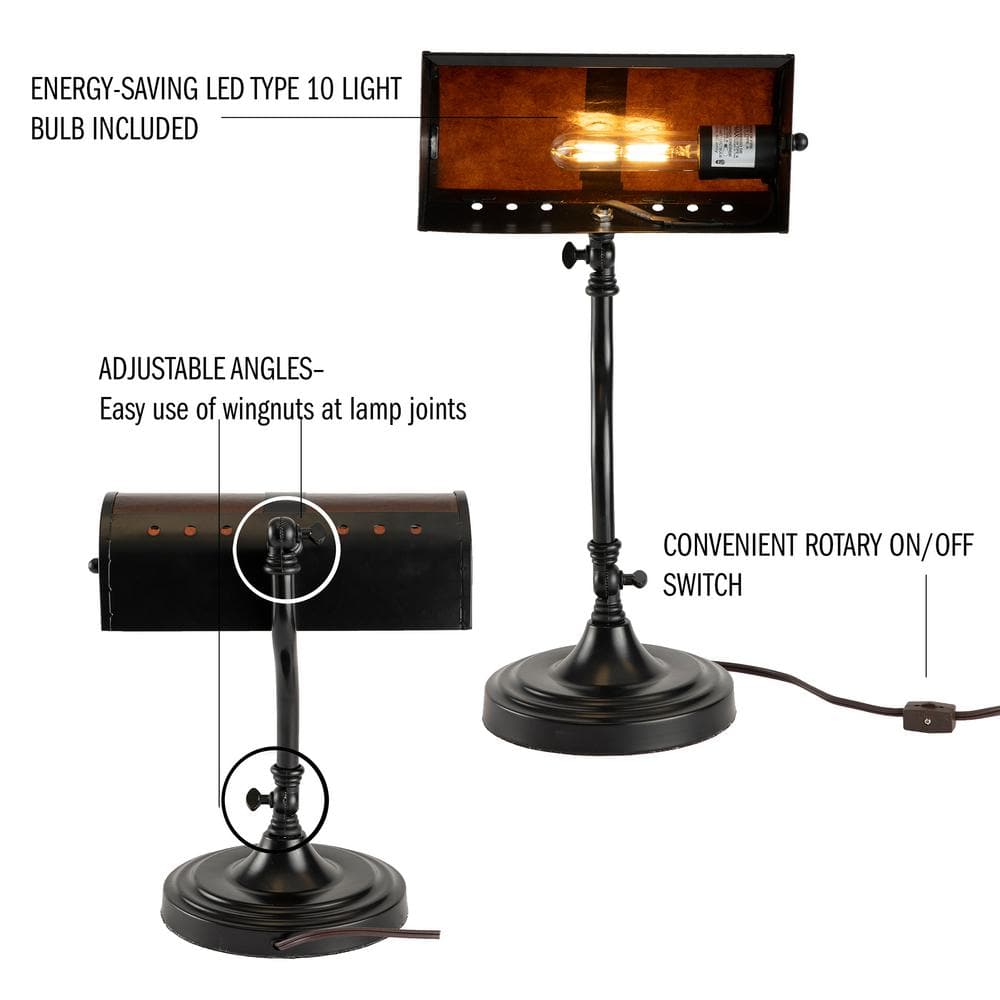 14" Black Metal LED Banker's Lamp with Amber Mica Shade